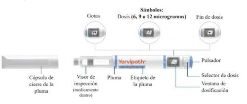 Yorvipath injector pen with closure cap, inspection window, label, and dose selector showing drop and dose symbols
