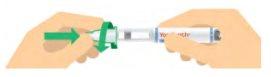 Hands holding an auto-injectable device with a green arrow indicating the direction of insertion