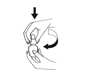 Mano che tiene un dispositivo autoiniettante con freccia nera indicante la pressione e curva che mostra il movimento di rotazione