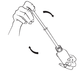 Mano che ruota un dispositivo penna iniettabile con frecce curve che indicano la direzione di rotazione