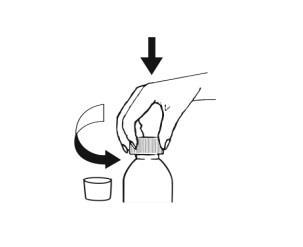 Mano che rimuove il cappuccio protettivo da un flaconcino medicinale con freccia curva e freccia rivolta verso il basso