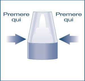 Dispositivo autoiniettante blu e bianco con frecce che indicano il punto di pressione laterale per l