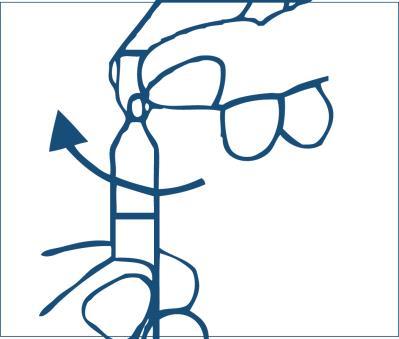 Mano che afferra un dispositivo penna blu con una freccia che indica la rotazione e un