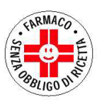 Cerchio blu con croce rossa centrale e volto sorridente bianco, testo bianco esterno &ldquo;FARMACO SENZA OBBLIGO DI RICETTA&rdquo;