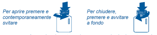 Fiala di vetro con tappo blu e frecce che indicano come aprire svitando e chiudere avvitando il tappo