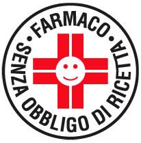 Cerchio rosso con croce bianca e volto sorridente al centro, testo curvo bianco “Farmaco Senza Obbligo di Ricetta”
