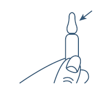 Fiala di vetro tenuta con le dita, con una freccia che indica la parte superiore del tappo