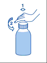 Mano che svita il tappo di un flacone di medicinale liquido azzurro con freccia indicante la direzione