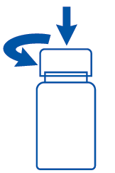 Flacone medicinale bianco con tappo e frecce blu che indicano rotazione antioraria per l