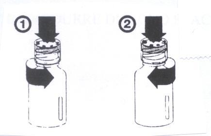 Fiala medicinale con tappo in gomma e manicotto protettivo, frecce nere indicano la pressione verso il basso in due fasi numerate