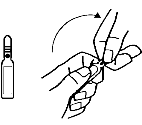 Fiala medicinale accanto a mano che tiene una siringa con ago inserito nel tessuto e freccia curva che indica la direzione