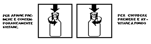 Fiala di vetro con tappo a pressione e freccia che indica come aprire e chiudere premendo e avvitando