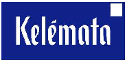 Logo blu scuro con la scritta bianca “Kelémata” in caratteri stilizzati e un quadrato bianco nell’angolo in alto a destra