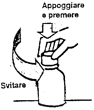 Mano che svita un tappo e preme verso il basso su un dispositivo medico cilindrico con una freccia indicante la direzione