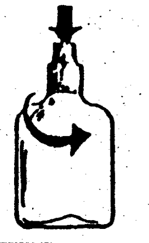 Fiala di vetro con tappo nero e freccia curva che indica la direzione di rotazione per la ricostituzione