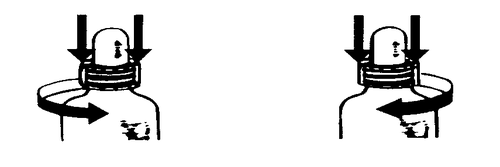 Due flaconi medicinali con manopole, frecce curve indicano la rotazione e frecce dritte la pressione verso il basso