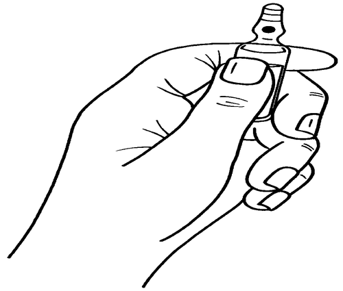 Mano che tiene una fiala di vetro trasparente con tappo di gomma e ago inserito per l