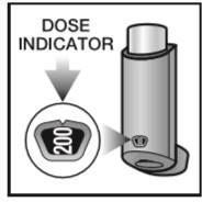 Inalatore dosato grigio metallizzato con indicatore di dose visibile su display digitale che mostra il numero 200