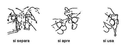 Dispositivo medico con componenti che si separano, si aprono e si usano con una goccia terminale