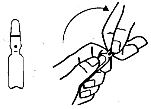 Fiala medicinale a sinistra e mano che afferra una siringa con ago per iniezione sottocutanea con movimento rotatorio