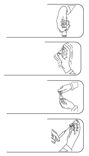 Mano che afferra la penna precompilata, rotazione del selettore di dose, iniezione sottocutanea con ago rivolto verso l