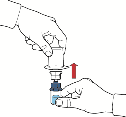 Mani che tengono un dispositivo di iniezione precompilato con freccia rossa che indica il movimento verso l