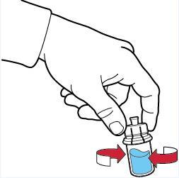 Mano che avvita un tappo su una fiala di liquido blu trasparente con frecce rosse che indicano il movimento di rotazione