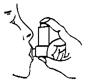 Mano che tiene un inalatore a forma cilindrica vicino alla bocca aperta del paziente per l