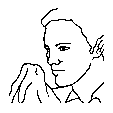 Profilo stilizzato di una testa umana con capelli radi, occhio e mano appoggiata al mento