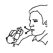 Profilo di una persona che utilizza un inalatore con frecce che indicano il flusso d