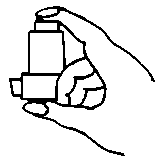 Mano che tiene un inalatore per asma di forma cilindrica con un boccaglio e un pulsante di attivazione