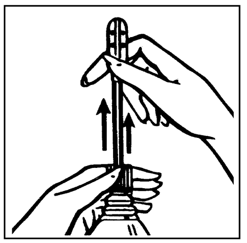 Mano che afferra un dispositivo medico a forma di cilindro con un ago sporgente e frecce direzionali verso l