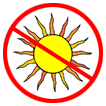 Sole giallo con raggi arancioni barrato da una croce rossa su sfondo bianco simbolo di divieto di esposizione solare