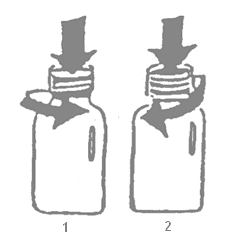 Due flaconi di vetro con tappi a vite, frecce indicano la rotazione per l