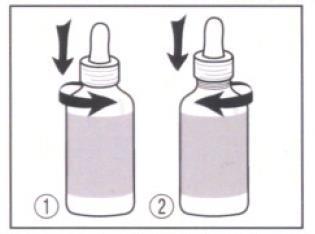 Due flaconi con contagocce mostrano frecce nere che indicano la rotazione del tappo per l