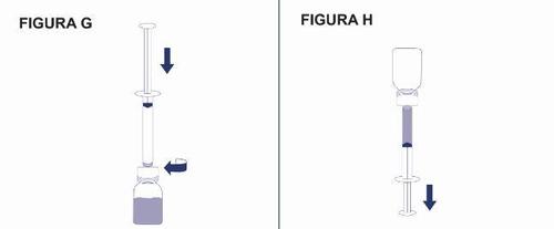 Siringa che aspira farmaco da un flaconcino con freccia blu che indica la direzione del movimento