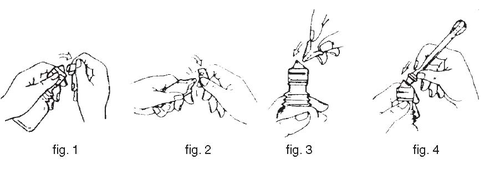 Serie di quattro disegni che mostrano mani che preparano e utilizzano un dispositivo medico iniettabile con fiala