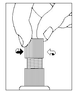 Mano che ruota un cilindro scanalato con frecce che indicano il movimento di avvitamento e svitamento
