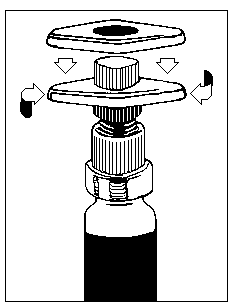 Dispositivo medico con tappo avvitabile e frecce bianche che indicano la direzione di rotazione per l