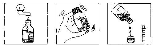 Fiala di vetro con tappo in gomma, flacone agitato e gocce che cadono da un contenitore