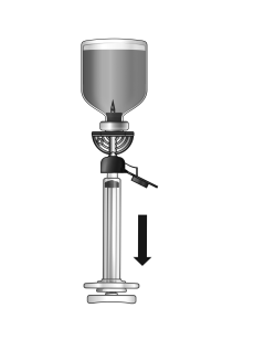 Dispositivo di infusione con serbatoio superiore collegato a un cilindro con valvola e freccia direzionale verso il basso