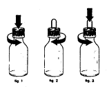 Tre flaconi di vetro con tappi neri, frecce che indicano rotazione in senso orario e verso il basso, istruzioni numerate da 1 a 3