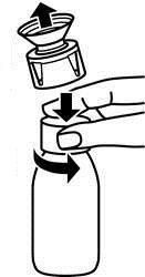 Flacone medicinale con tappo avvitabile e freccia che indica il movimento di apertura antiorario con la mano