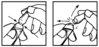 Due disegni schematici mostrano una mano che stringe una fiala di vetro con l