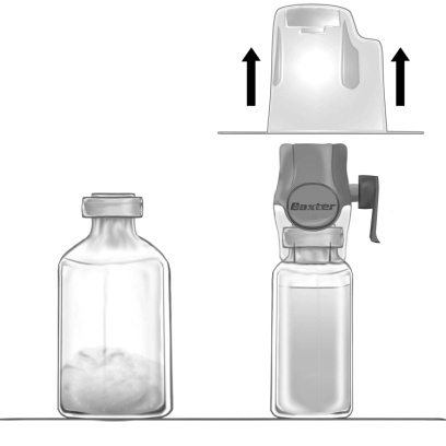Fiala di farmaco in polvere, fiala con tappo Baxter e dispositivo di miscelazione con frecce direzionali verso l