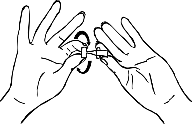 Due mani che tengono un dispositivo medico con una freccia curva che indica il movimento di rotazione