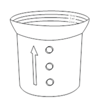 Contenitore cilindrico con indicazioni di volume e freccia rivolta verso l