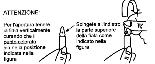Fiala medicinale con tappo grigio e frecce che indicano come spingere indietro la parte superiore per l