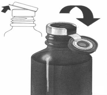 Fiala di vetro marrone con tappo in plastica parzialmente rimosso da una linguetta, frecce indicano l