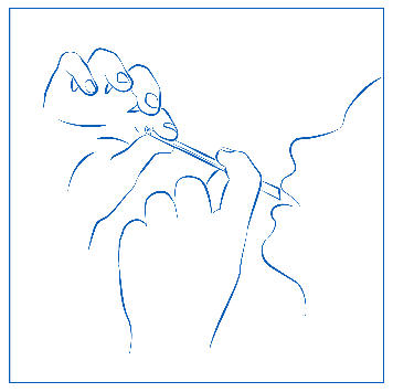 Mano che afferra una siringa preriempita con ago inserito nella pelle, tecnica di iniezione sottocutanea illustrata con linee blu